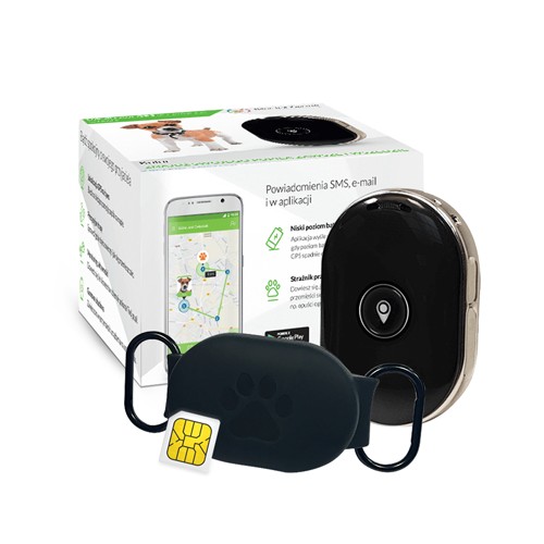 główne Lokalizator GPS dla kota z gumowa obudowa w kolorze czarnym z pudelkiem i karta SIM